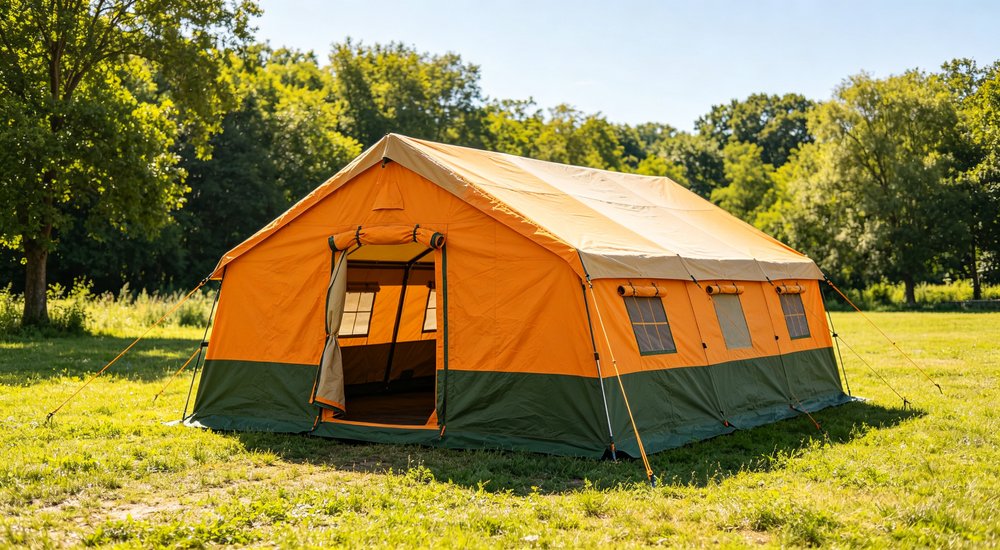 Emergency response tent captured during active deployment showing professional grade construction wind resistant frame and waterproof covering designed for long term use in challenging field conditions