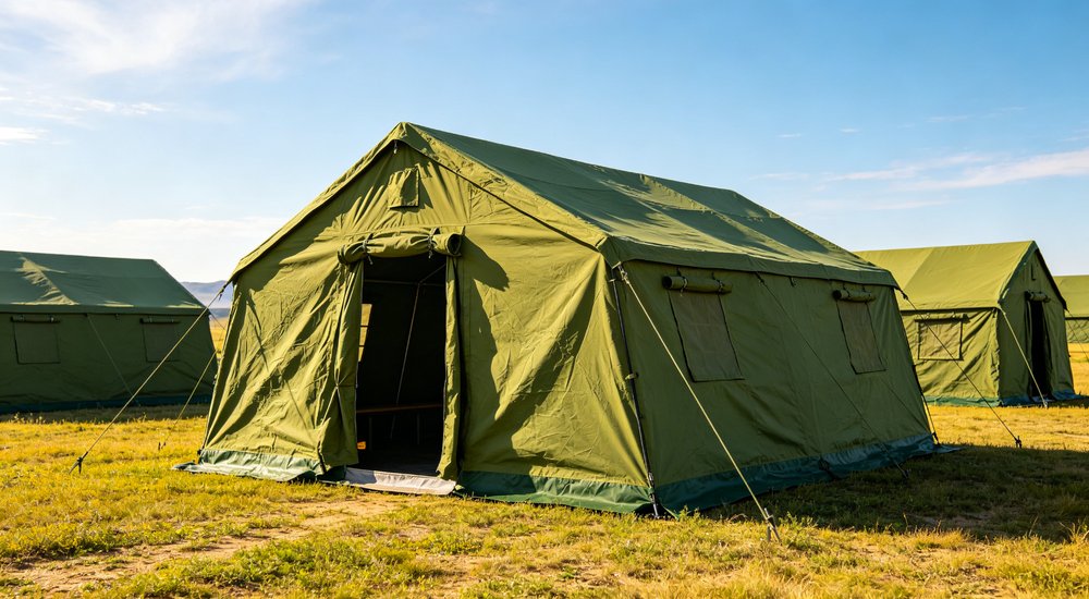 Humanitarian relief tent photographed at aid distribution camp providing reliable shelter with strong steel framework quality stitching and weather resistant fabric for disaster affected communities
