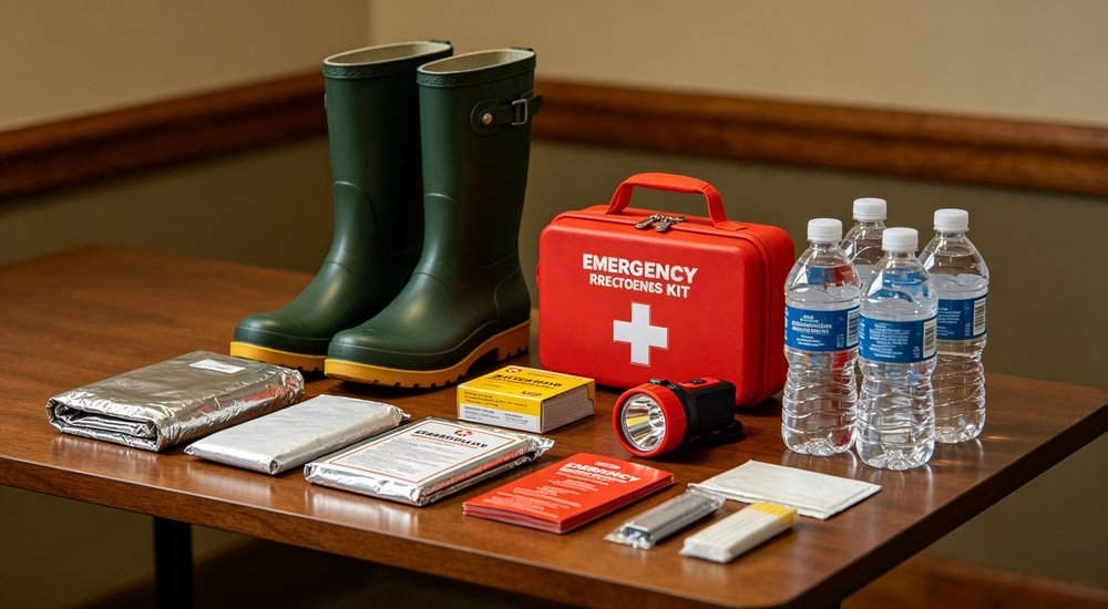 Emergency preparedness kit contents including rain boots and first-aid disaster supplies, flat lay view of government stockpile waterproof footwear, bulk disaster response kits wholesale manufacturer
