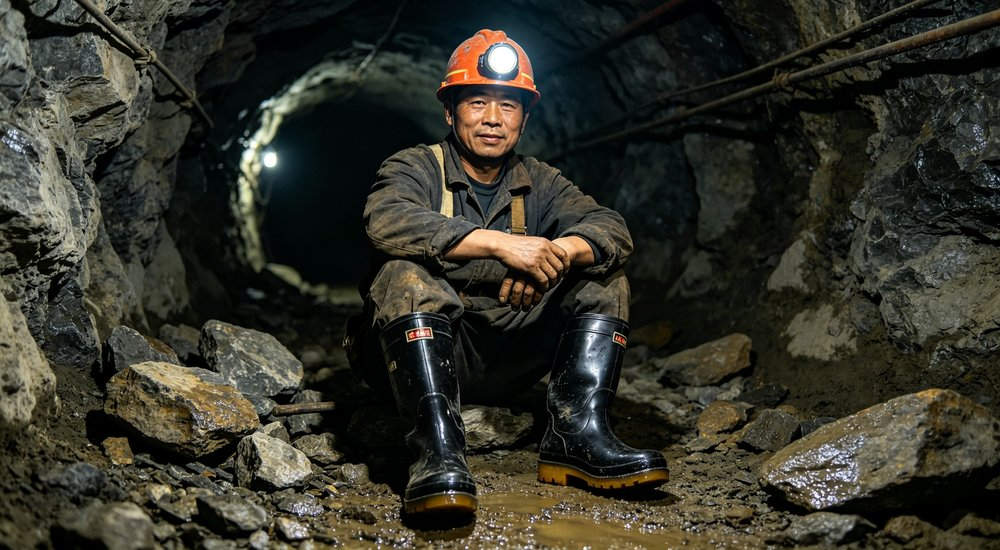Miner wearing heavy-duty black steel-toe rain boots in an underground mining tunnel, low angle showing reinforced toe and puncture-resistant midsole, durable waterproof polymer, mining boots wholesale supplier