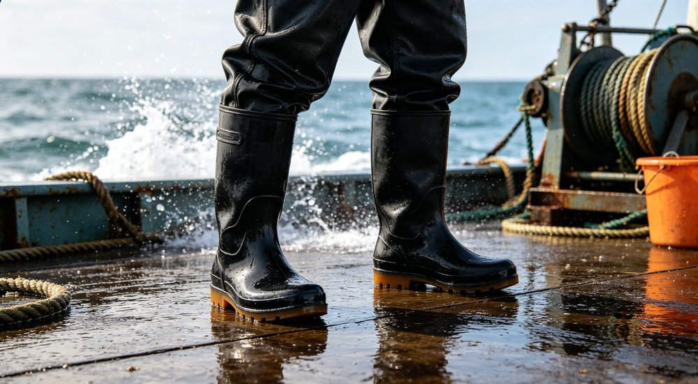 Fisherman wearing black rubber rain boots on a wet fishing boat deck, side view showing saltwater-resistant waterproof upper and anti-slip sole, maritime wellington boots bulk from China manufacturer