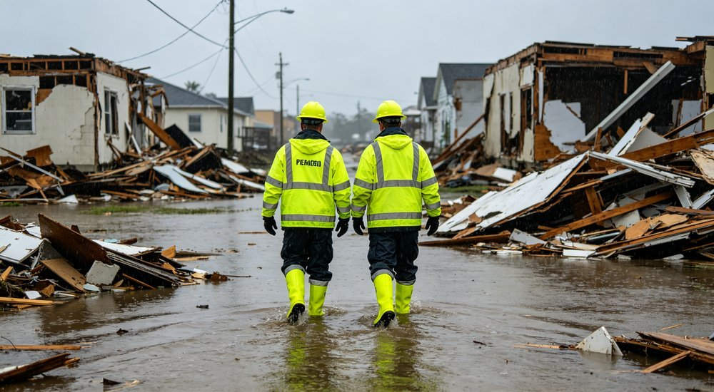 Hurricane recovery emergency response worker in high-visibility rain boots on a storm debris field, full-body angled view showing reflective strips and waterproof upper, disaster relief boots wholesale supplier