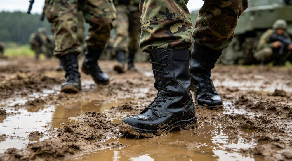 Military soldiers in tactical black rain boots on muddy field training terrain, side view showing reinforced protective toe and waterproof polymer upper, tactical wellington boots bulk from manufacturer