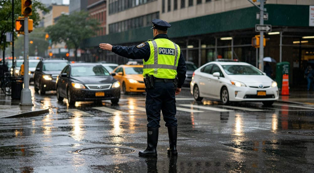 Police officer wearing black safety rain boots at a rainy urban traffic intersection, side view showing anti-slip sole and waterproof upper, law enforcement wellington boots wholesale from China supplier