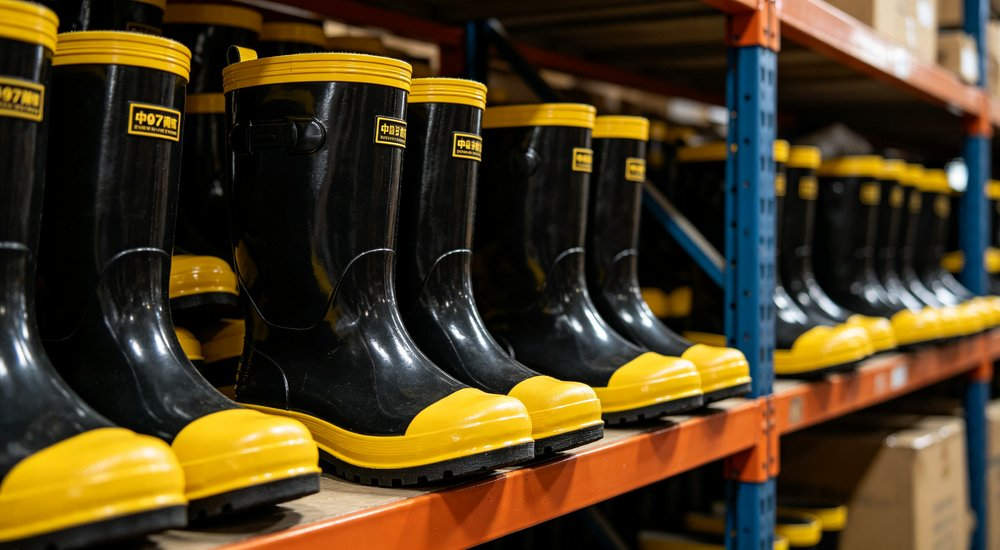 97-style firefighter rain boots stacked in a warehouse for bulk wholesale inventory, straight-on view of black and yellow waterproof stock, NFPA-aligned fire boots stockpile manufacturer