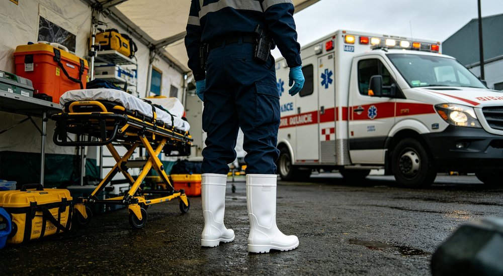 Emergency medical worker wearing white PVC rain boots at a disaster ambulance response scene, side view showing easy-disinfect waterproof seamless upper, medical safety boots bulk manufacturer