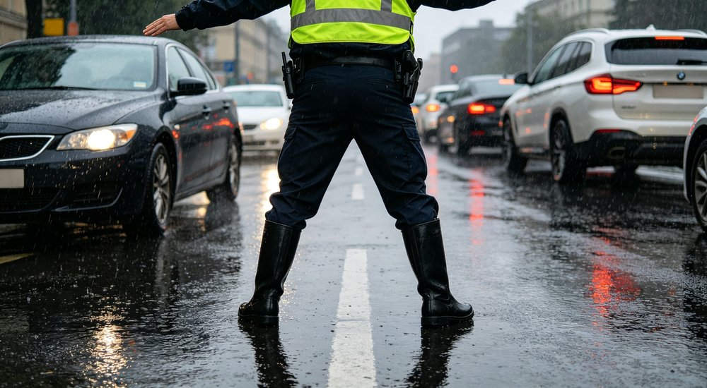 Police traffic officer wearing black rain boots in heavy rain on an urban road, side view showing waterproof upper and anti-slip sole, law enforcement wellington boots bulk from China manufacturer