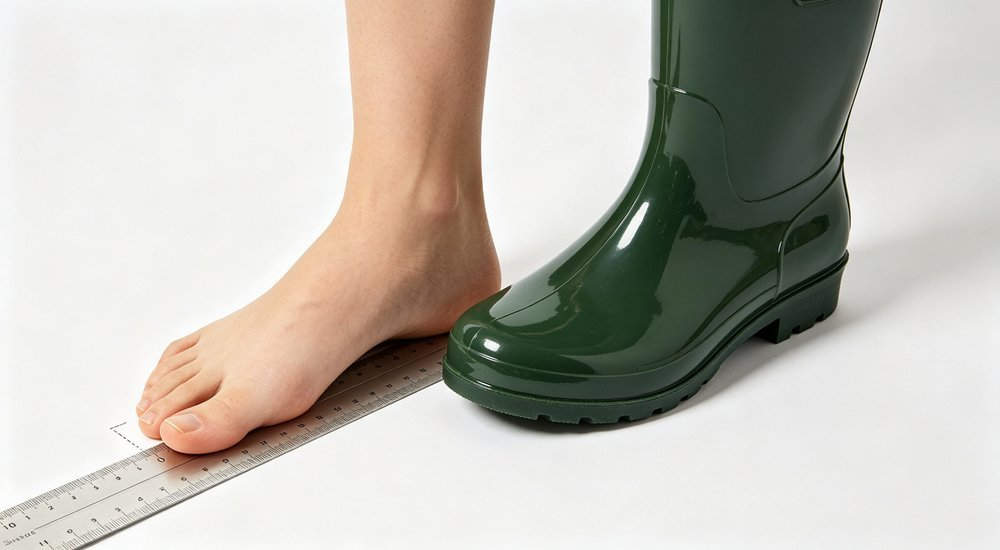 Foot length measurement demonstration for rain boot sizing guide, top-down view of ruler and accurate fit technique, wholesale footwear size chart support from China supplier