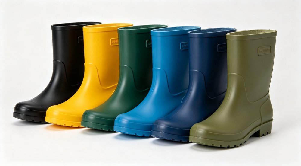 Rain boots in multiple colors including black, yellow, green, blue and olive drab, straight-on collection view of customizable waterproof polymer uppers, OEM color options wholesale supplier