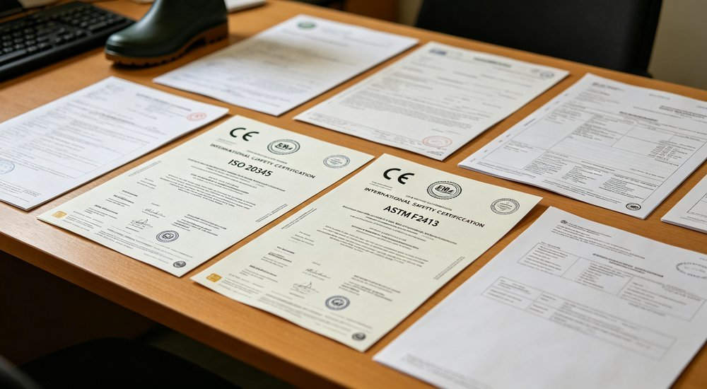 International safety certification documents for rain boots showing CE, EN ISO 20345 and ASTM F2413 standards, flat lay view of compliance paperwork, certified safety footwear wholesale manufacturer