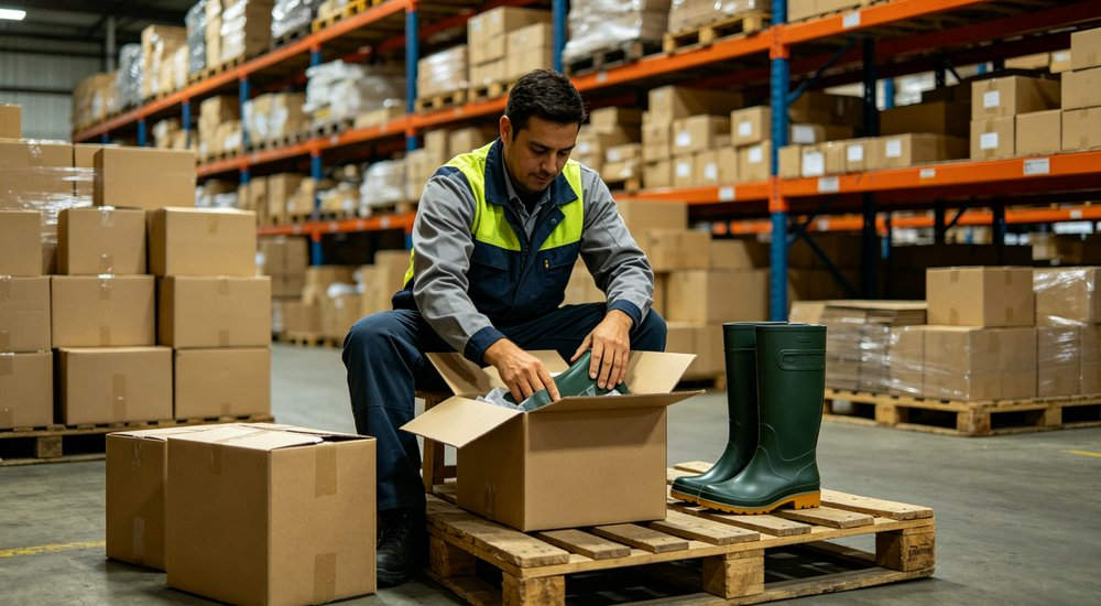 Warehouse worker packing rain boots into export cartons for shipping logistics, angled view of waterproof footwear being palletized, wholesale order fulfillment from China supplier