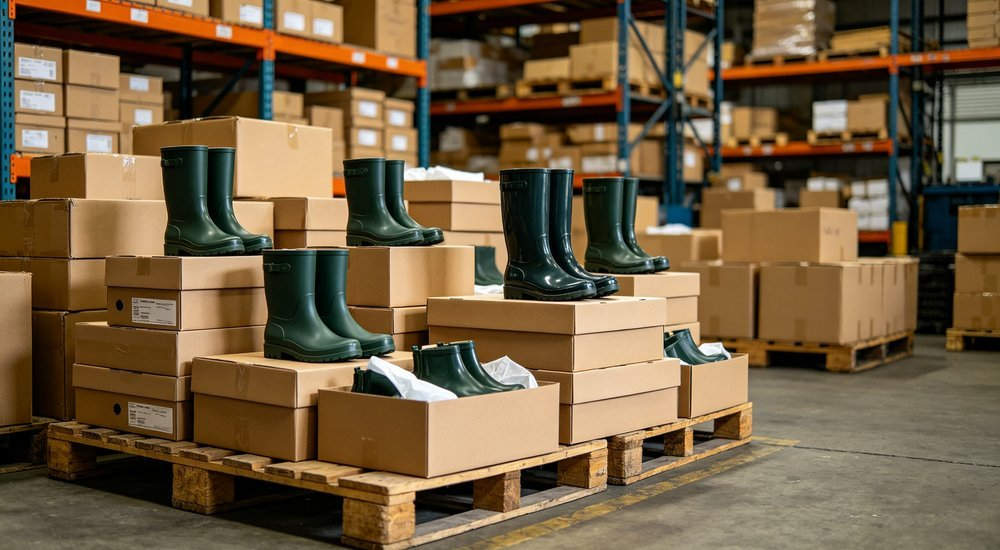 Rain boots packed in export cartons at a warehouse for bulk order shipment, angled view of corrugated boxes and palletized waterproof footwear, wholesale logistics supply from China manufacturer