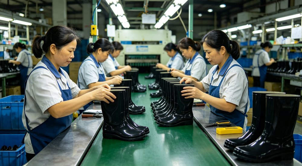 Rain boot manufacturing factory production line with workers assembling PVC boots and running quality control checks, wide angled view of waterproof footwear production, direct-from-factory wholesale supplier