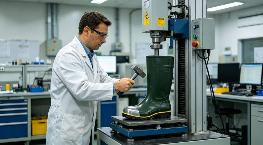 Quality control technician testing rain boot toe impact in a laboratory, close-up view of 200-joule impact test equipment, certified safety footwear QC by wholesale manufacturer