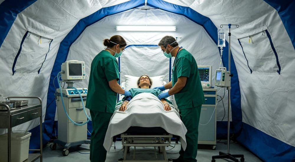 Medium shot of medical staff in green scrubs working inside white and blue inflatable medical tent, patient on examination table with medical equipment and IV stands, bright interior lighting, professional healthcare documentary photography