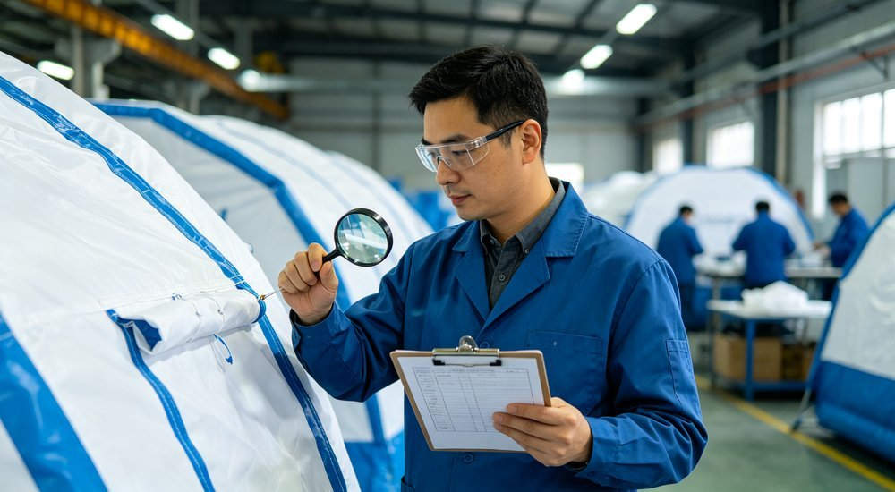 Medium shot of quality control inspector examining white and blue medical inflatable tent seams with magnifying glass, QC checklist on clipboard, factory inspection scene, professional industrial photography