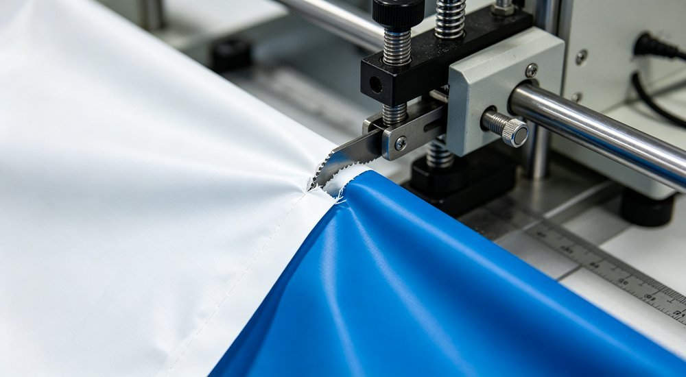 Macro detail shot of medical tent fabric tear strength test in laboratory, tensile testing machine pulling white and blue PVC fabric, quality control testing, professional lab photography