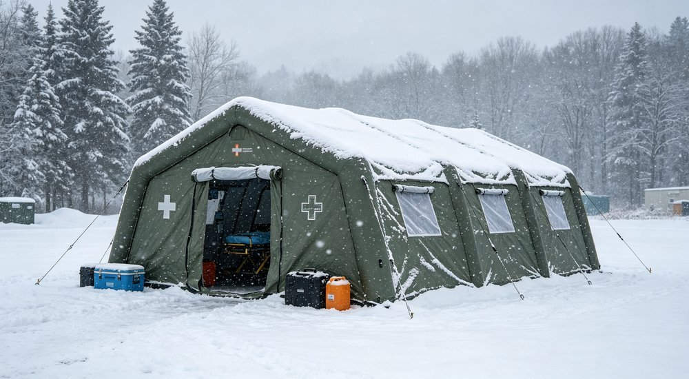 Wide angle outdoor shot of white and blue medical inflatable tent in snowstorm winter conditions with snow on roof, insulated version performing in cold weather emergency response, professional outdoor photography