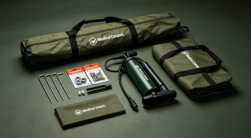 Flat lay product shot of complete white and blue medical tent accessory set laid out including ground stakes, repair kit, pump, carry bag and spare parts, professional product photography