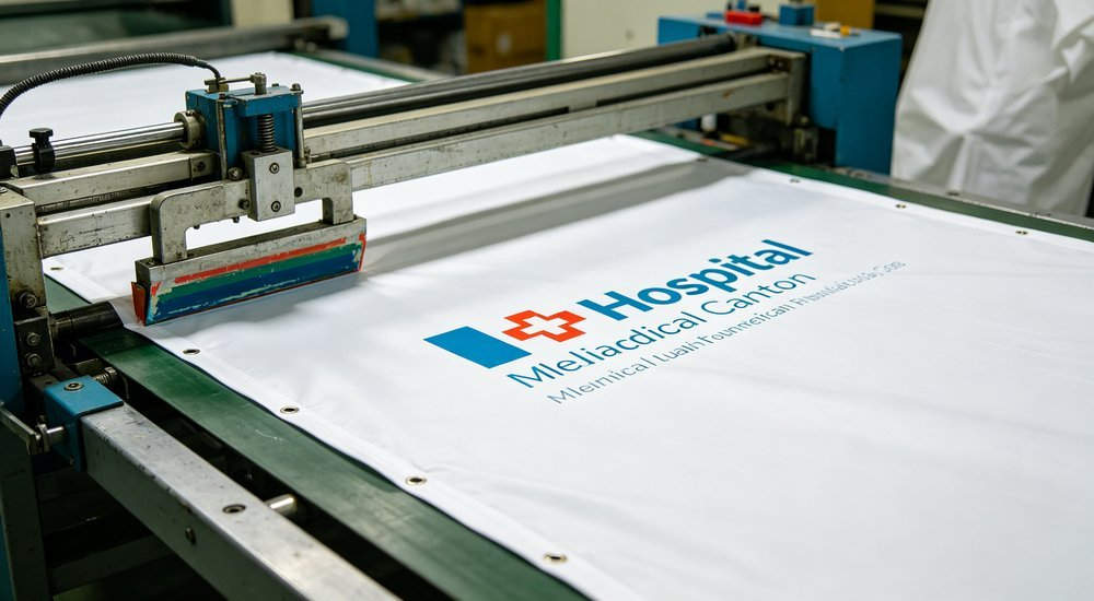 Closeup factory shot of custom logo printing on white and blue medical inflatable tent canvas, screen printing process with hospital branding, factory production detail, professional B2B photography