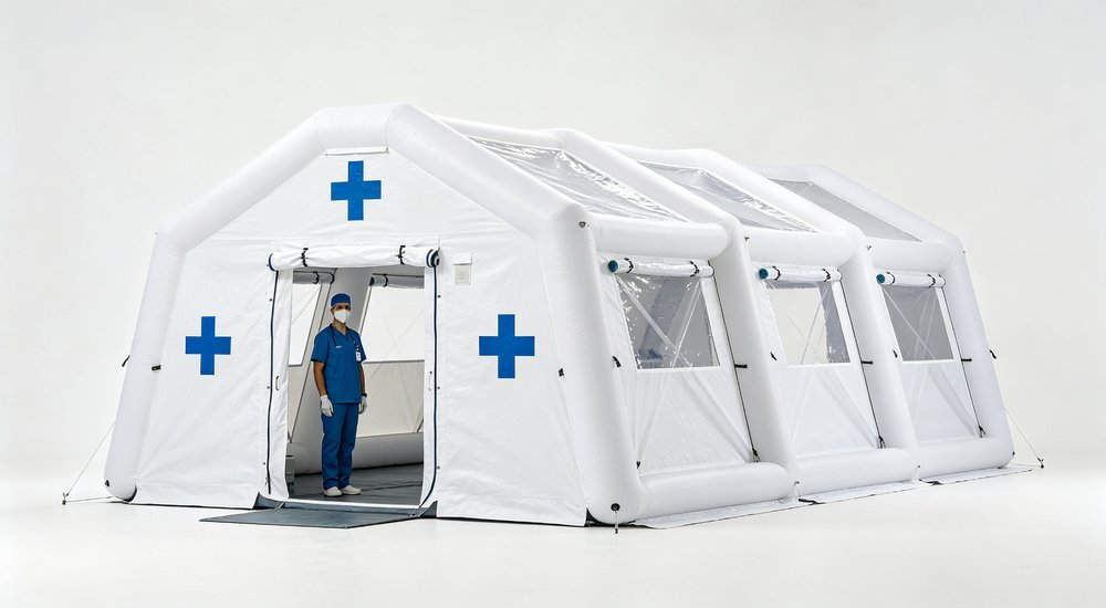 Front view of white medical emergency inflatable tent with blue cross logo, clear air beam structure visible, medical staff at entrance, professional B2B product photography on clean background
