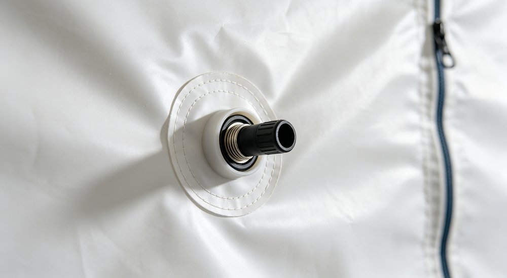 Closeup of air beam valve and inflation port on white medical inflatable tent, heavy duty antimicrobial PVC material detail, professional product photography