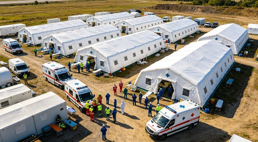 Field hospital deployment with multiple white medical inflatable tents arranged in formation, ambulances and medical personnel, disaster response base camp, professional aerial photography