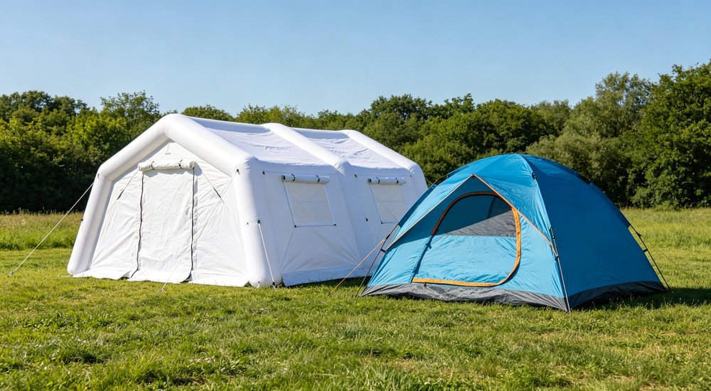 Side by side comparison shot of white professional medical inflatable tent versus blue ordinary camping tent placed outdoors on green grass, showing size and quality difference, sunny day, professional product photography with no text