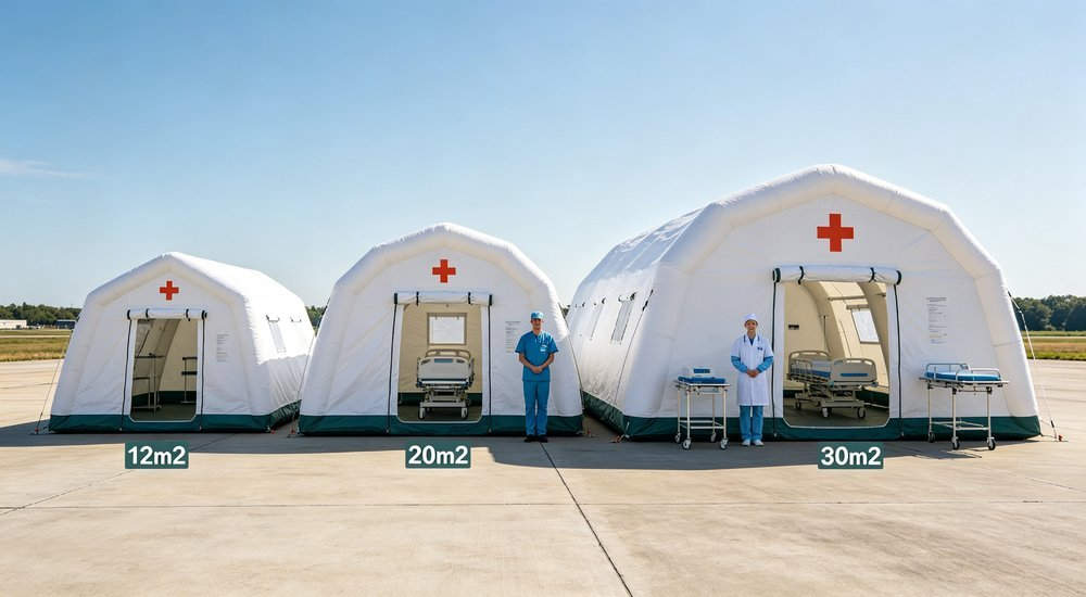 Wide angle product shot of three different sizes of white medical inflatable tents arranged side by side, 12m2 20m2 and 30m2 models with medical staff for scale reference, professional B2B photography