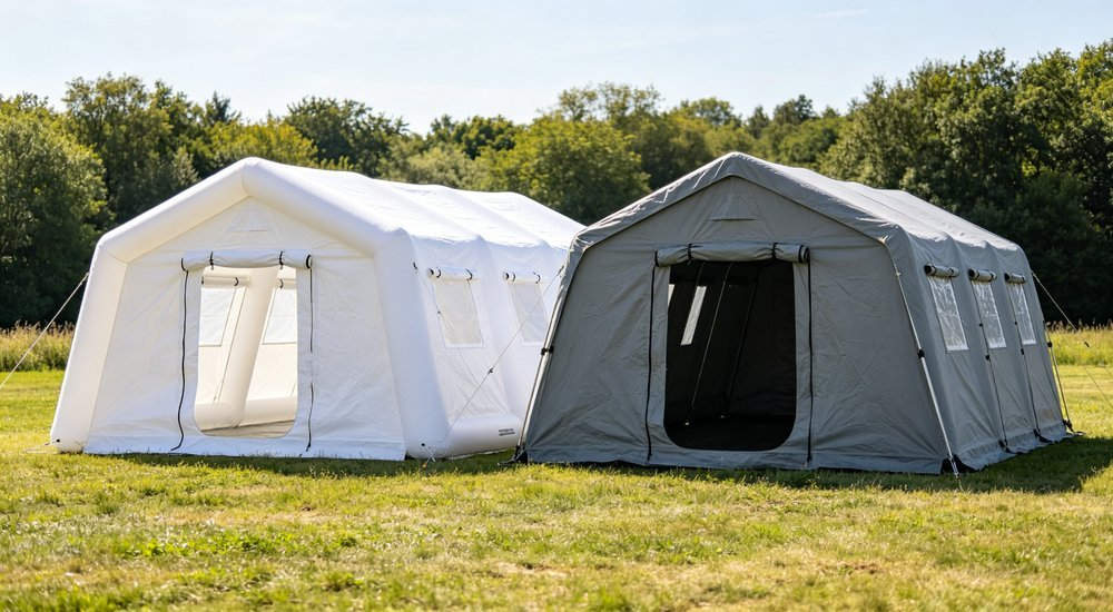Comparison shot of white medical inflatable tent versus standard grey emergency shelter tent side by side outdoors, showing structural and infection control differences, professional B2B product photography with no text