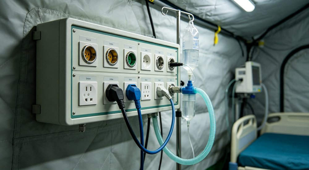 Medical equipment power distribution panel inside white and blue inflatable medical tent, oxygen ports and electrical outlets, hospital grade infrastructure, professional detail photography