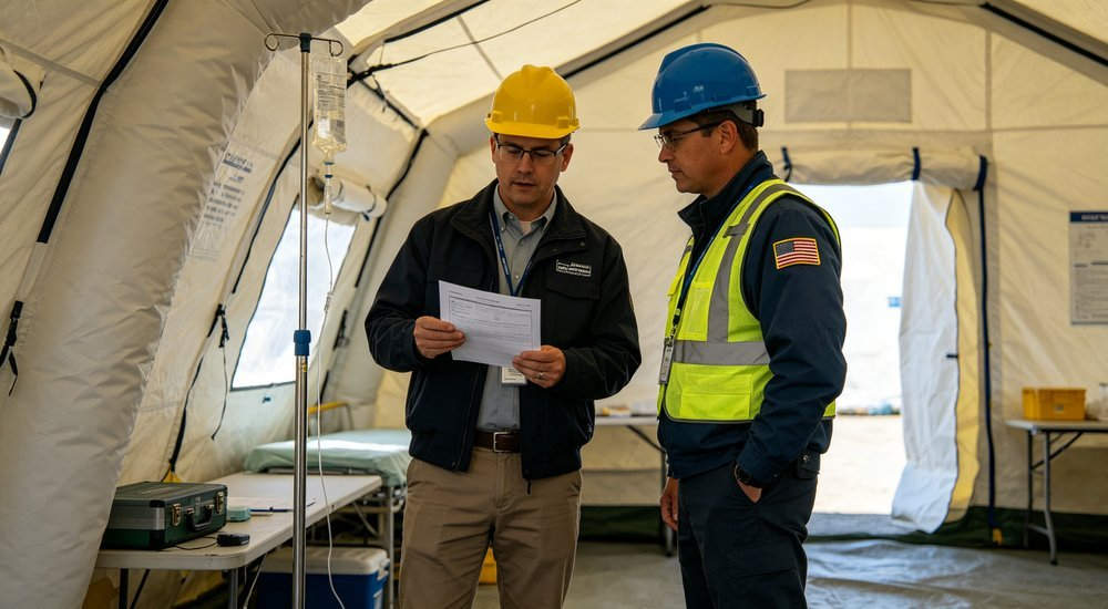 Medium shot of procurement officer checking medical inflatable tent specifications and infection control certification before acceptance, white and blue professional inspection scene, professional B2B product photography for medical emergency equipment procurement