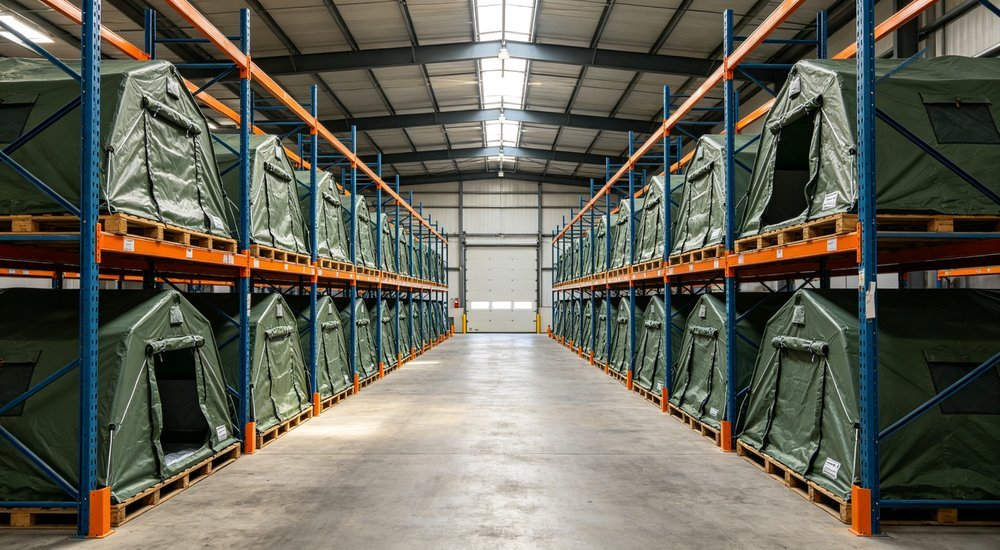 Wide angle warehouse shot of medical inflatable tents stored in dry warehouse organized on metal racks, proper inventory management and storage conditions, professional industrial photography Wide angle warehouse shot of medical inflatable tents stored in dry warehouse organized on metal racks, proper inventory management and storage conditions, professional industrial photography