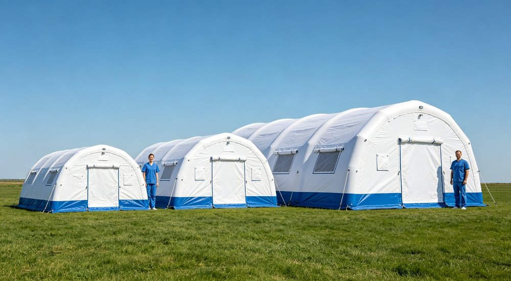 Wide angle product shot of three white and blue medical inflatable tents of different sizes arranged in a row on green grass field, small medium and large models with medical workers standing beside, clear blue sky background, professional