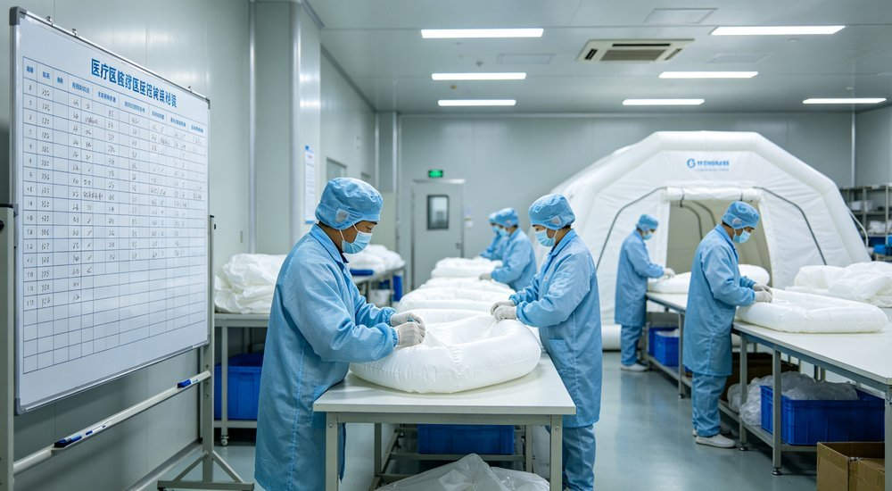 Wide angle factory shot of factory production schedule board with medical tent manufacturing timeline, workers producing white inflatable medical tents in cleanroom environment, industrial B2B photography