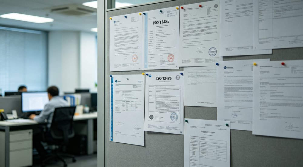Closeup document shot of iSO 13485 medical device certification documents and quality control records on office wall, compliance and audit documentation, white and blue professional business photography