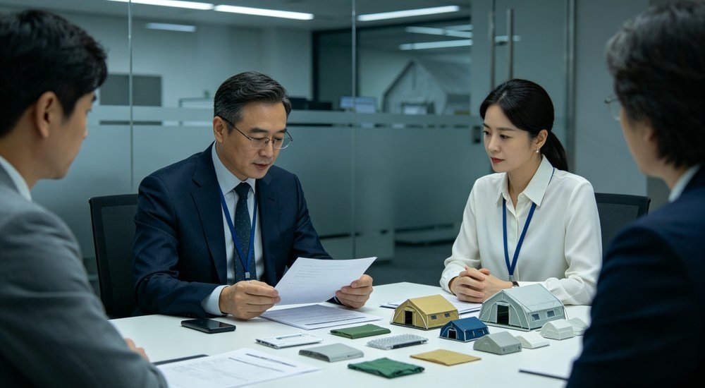 Medium shot of procurement officer reviewing medical tent bulk order quotation with sample products on table, wholesale purchasing negotiation scene in professional office environment