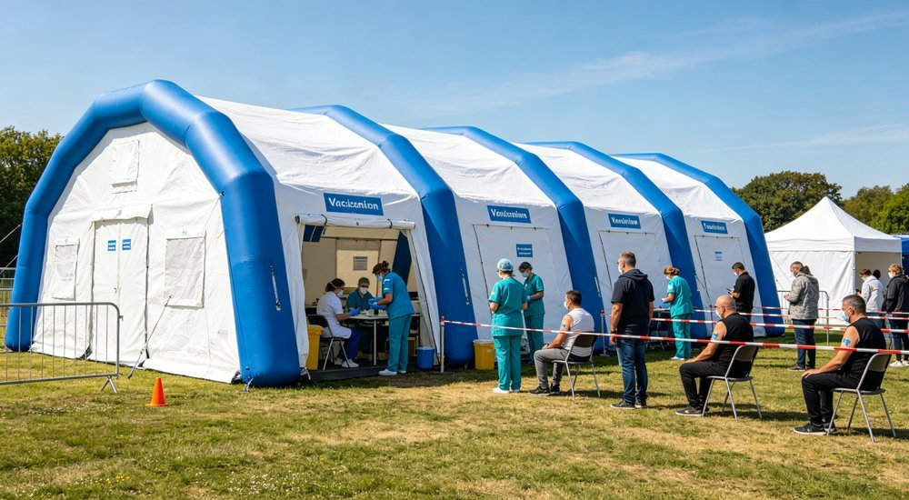 Wide angle shot of white and blue medical inflatable tent being used as vaccination center, nurses administering vaccines to patients, organized queue, public health campaign, professional photography