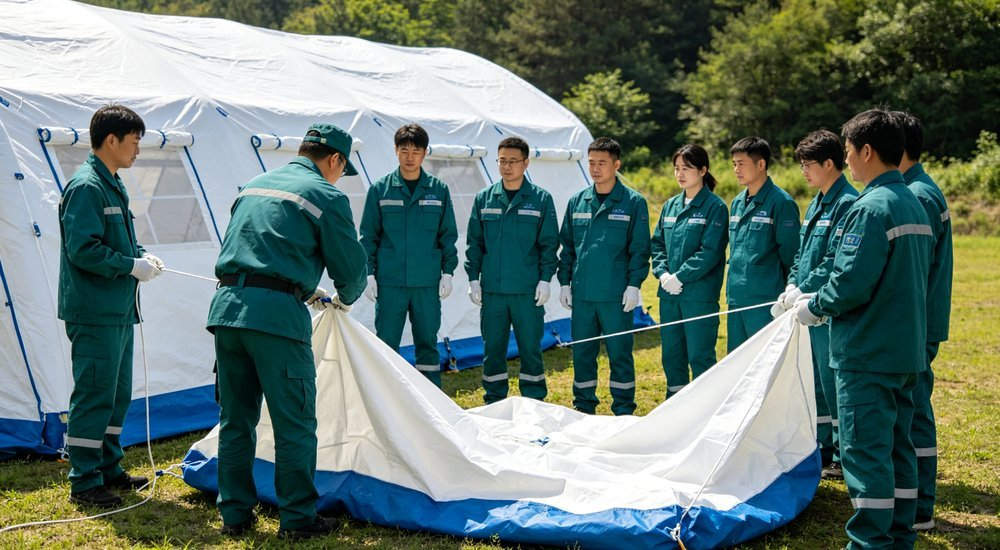 Medium shot of medical team receiving training on how to deploy white and blue medical inflatable tent, instructor showing setup procedure, outdoor training session, professional healthcare photography