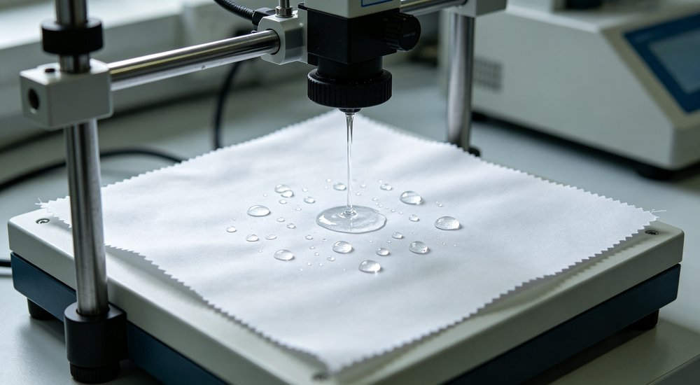 Macro lab shot of antimicrobial fabric waterproof test with water droplets on white and blue medical tent material surface, laboratory quality testing equipment, professional product detail photography