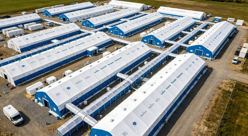Wide angle aerial shot of multiple white and blue medical inflatable tents connected together via sealed corridors forming large field hospital complex, disaster response base, professional photography