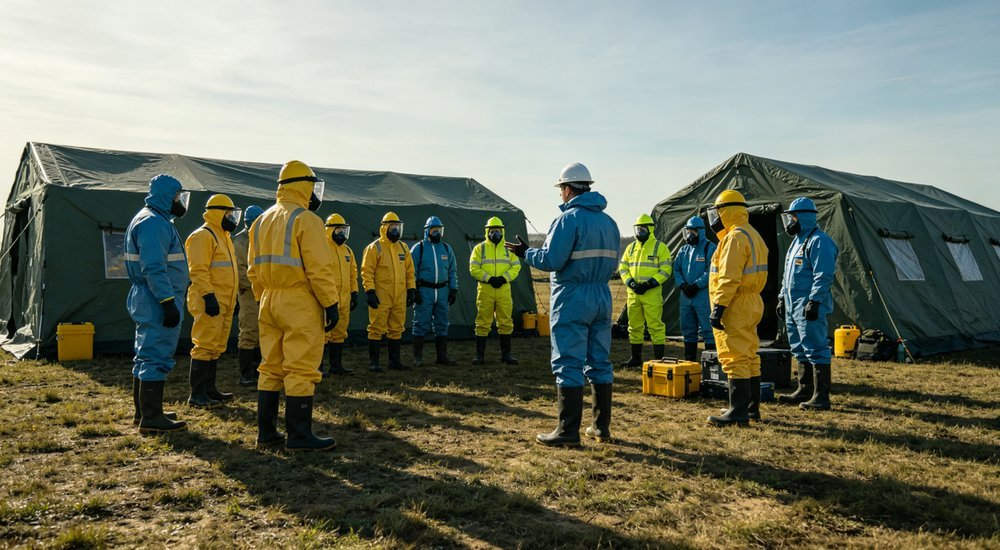 Wide angle shot of emergency response team briefing outside decontamination tent with team leader giving instructions and workers in protective suits preparing equipment
