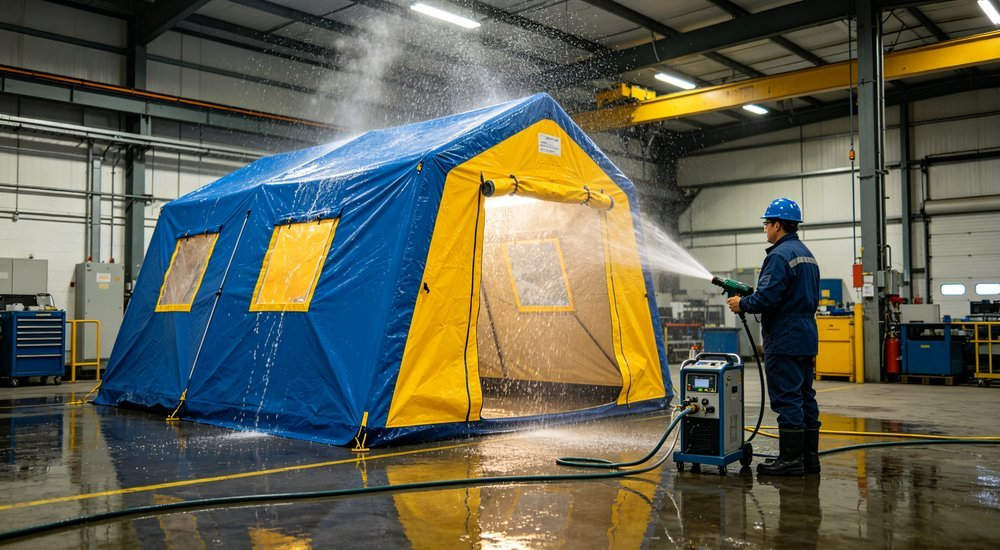 Wide angle shot of decontamination tent undergoing waterproof and pressure testing in factory quality control area with technician and test equipment
