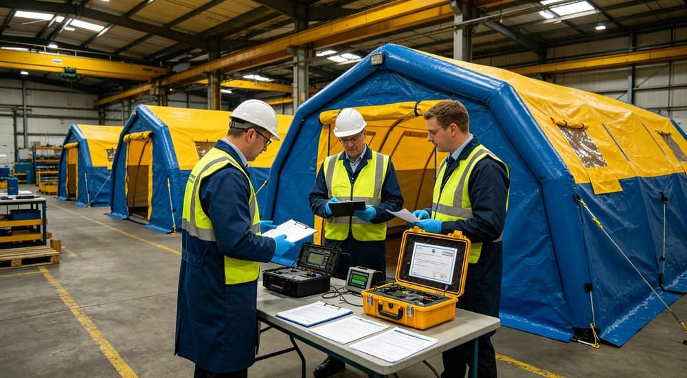 Wide angle shot of quality control team inspecting finished decontamination tent with test equipment and certification documents at factory warehouse