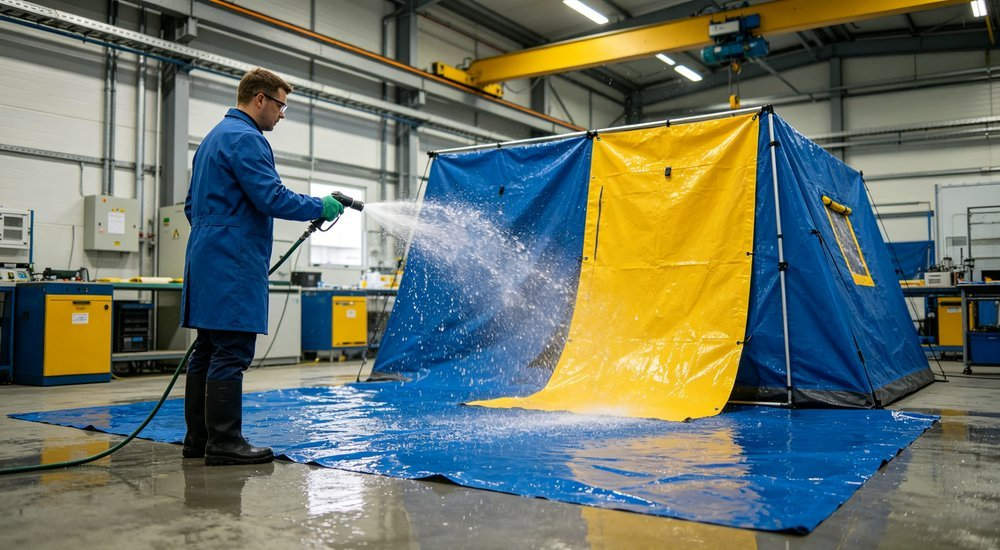 Wide angle shot of quality control inspector testing decontamination tent waterproof fabric with water spray test at factory laboratory with blue and yellow material