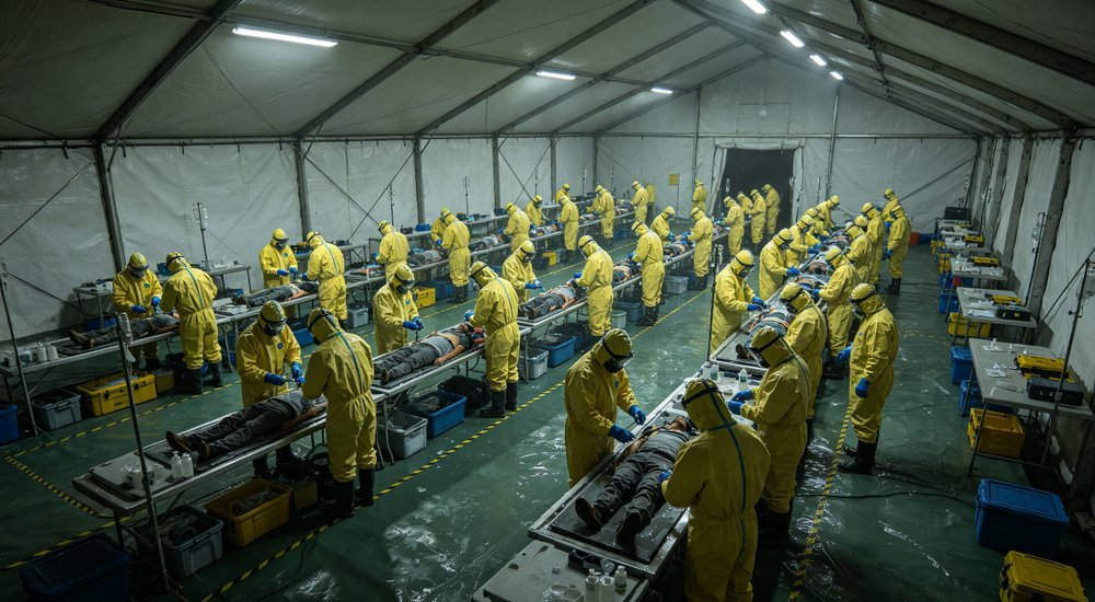 Wide angle shot of decontamination team conducting mass casualty decon procedure with multiple lanes and workers in protective suits organized flow