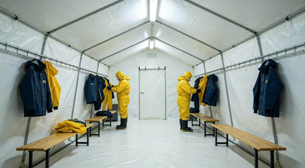 Interior view of decontamination tent showing undressing area with hooks and benches and protective suits hanging with workers removing gear