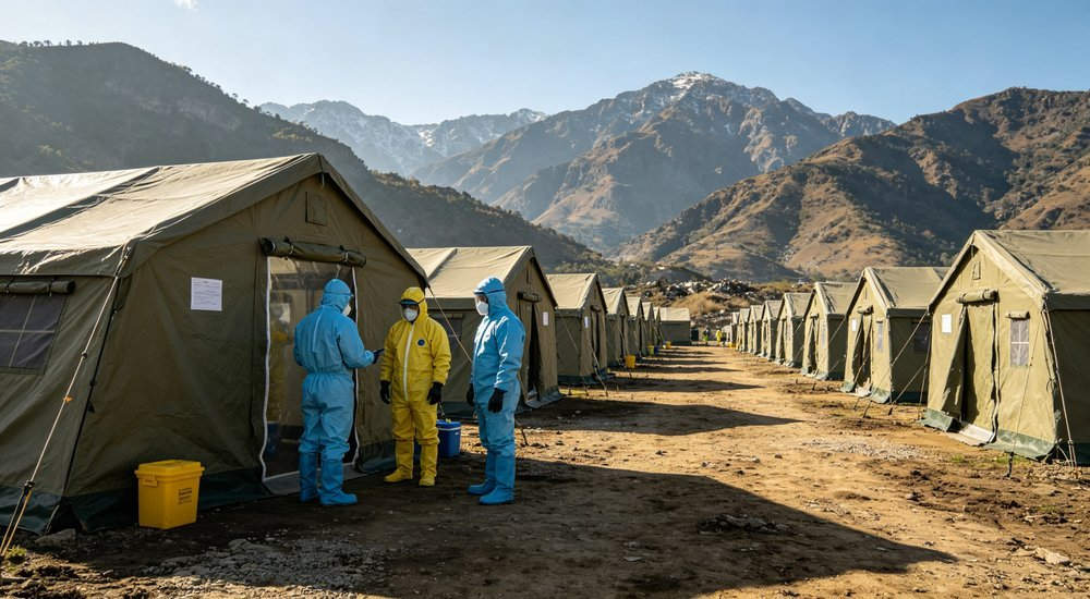 Wide angle shot of decontamination tent at disaster relief camp with aid workers in protective gear and rows of tents with mountain background