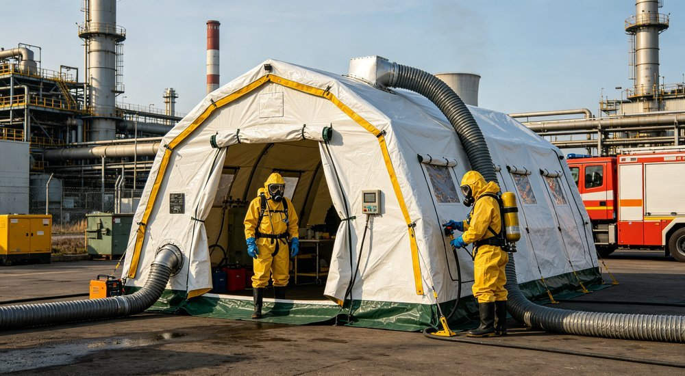 Wide angle shot of specialized chemical decontamination tent with enhanced sealing system and hazmat workers operating exhaust ventilation at industrial emergency site