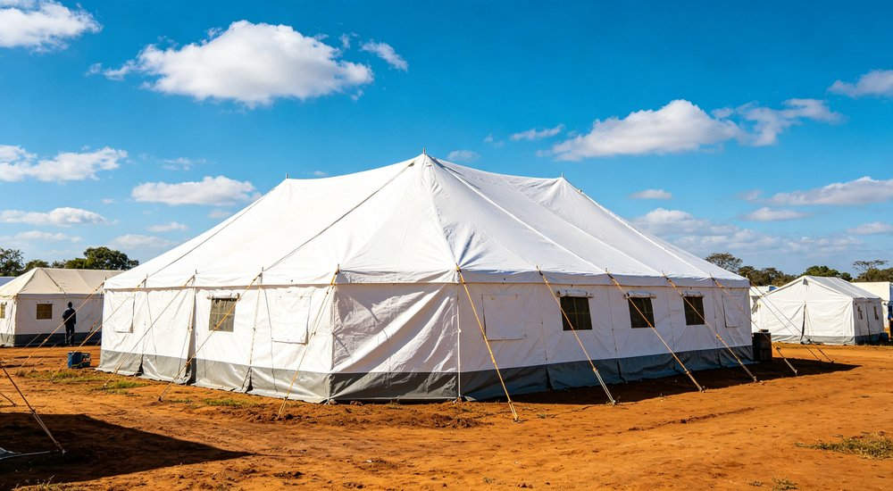 Military field base deployment showing emergency tents used for troop accommodation command posts and operational support in remote field conditions with security perimeter